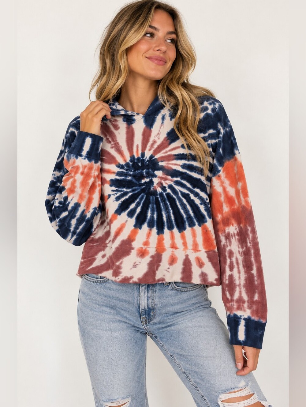 Natural Life Tie Dye Cropped Hoodie Pullover Navy Rust Mauve XS
